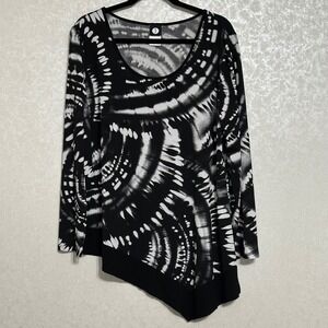 J by ASM Fashions Black White Abstract Long Sleeve Tunic Top Asymmetrical Hem XL